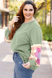 Bella Love Boutique California LLC Tops/Long Sleeve Tops Smoke Green Flower Patchwork Raglan Sleeve Exposed Seam Oversized Top