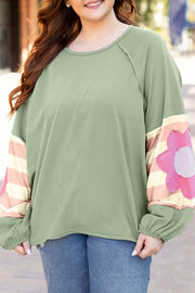 Bella Love Boutique California LLC Tops/Long Sleeve Tops Smoke Green Flower Patchwork Raglan Sleeve Exposed Seam Oversized Top