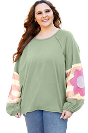 Bella Love Boutique California LLC Tops/Long Sleeve Tops Smoke Green Flower Patchwork Raglan Sleeve Exposed Seam Oversized Top