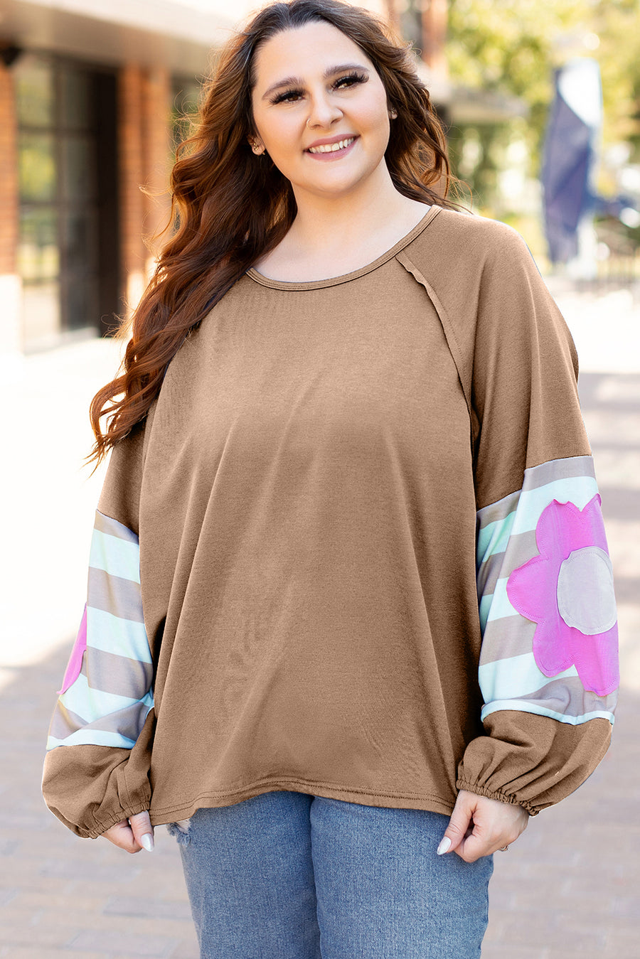 Bella Love Boutique California LLC Tops/Long Sleeve Tops Smoke Green Flower Patchwork Raglan Sleeve Exposed Seam Oversized Top