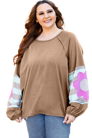 Bella Love Boutique California LLC Tops/Long Sleeve Tops Smoke Green Flower Patchwork Raglan Sleeve Exposed Seam Oversized Top