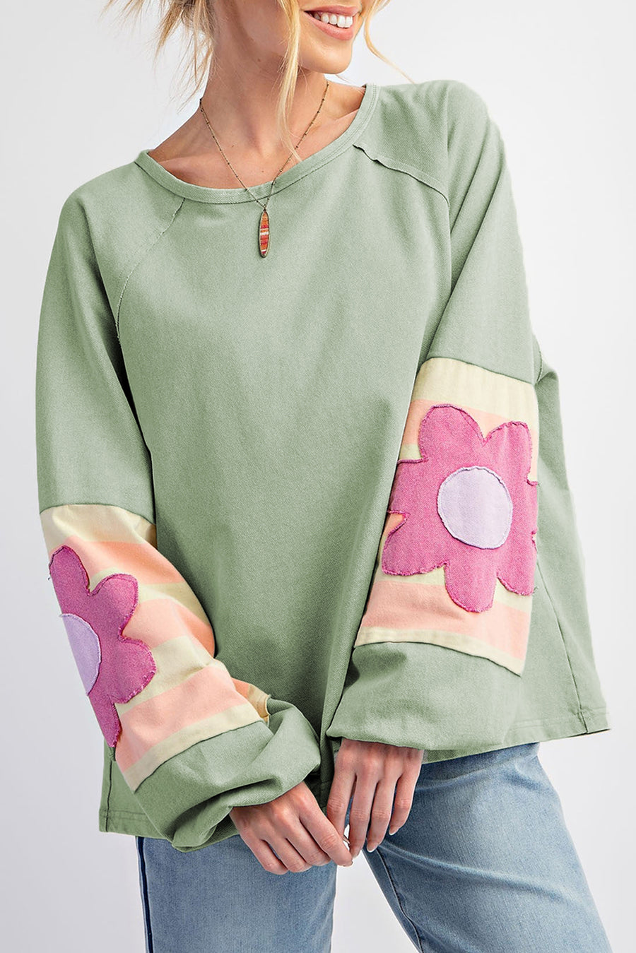 Bella Love Boutique California LLC Tops/Long Sleeve Tops Smoke Green / S / 85%Polyester+10%Cotton+5%Elastane Smoke Green Flower Patchwork Raglan Sleeve Exposed Seam Oversized Top