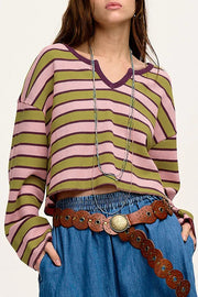 Bella Love Boutique California LLC Tops/Long Sleeve Tops Spinach Green / S / 95%Polyester+5%Elastane Green Clashing Stripes Waffle Texture Notched Neck Long Sleeve Top