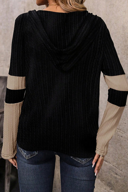 Bella Love Boutique California LLC Tops/Long Sleeve Tops Textured Colorblock Long Sleeve Quarter Zip Drawstring Hooded Top