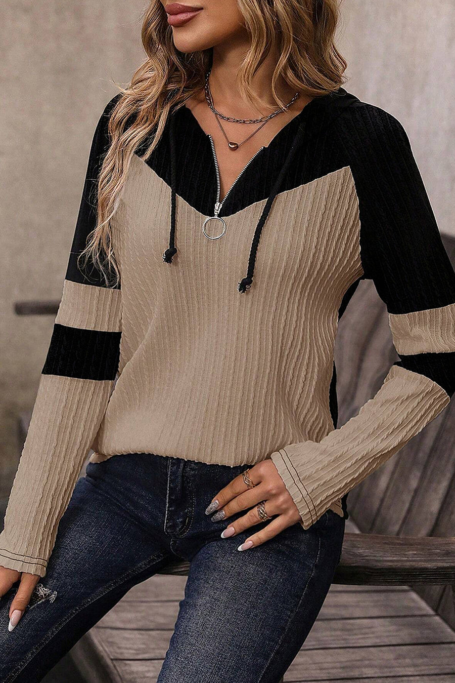 Bella Love Boutique California LLC Tops/Long Sleeve Tops Textured Colorblock Long Sleeve Quarter Zip Drawstring Hooded Top
