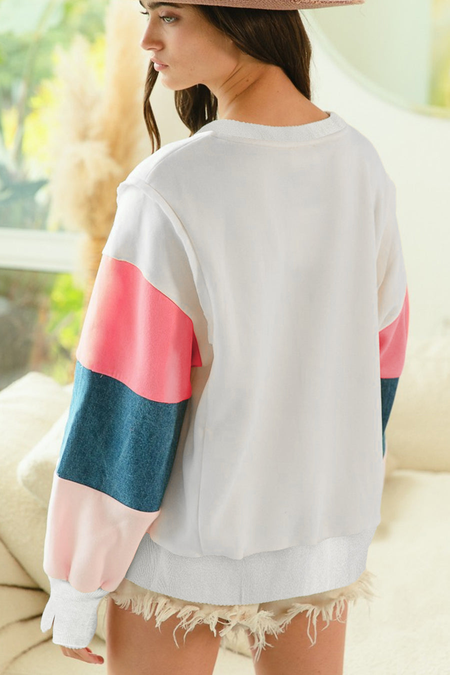 Bella Love Boutique California LLC Tops/Long Sleeve Tops White French Terry Color Block Long Sleeve Top