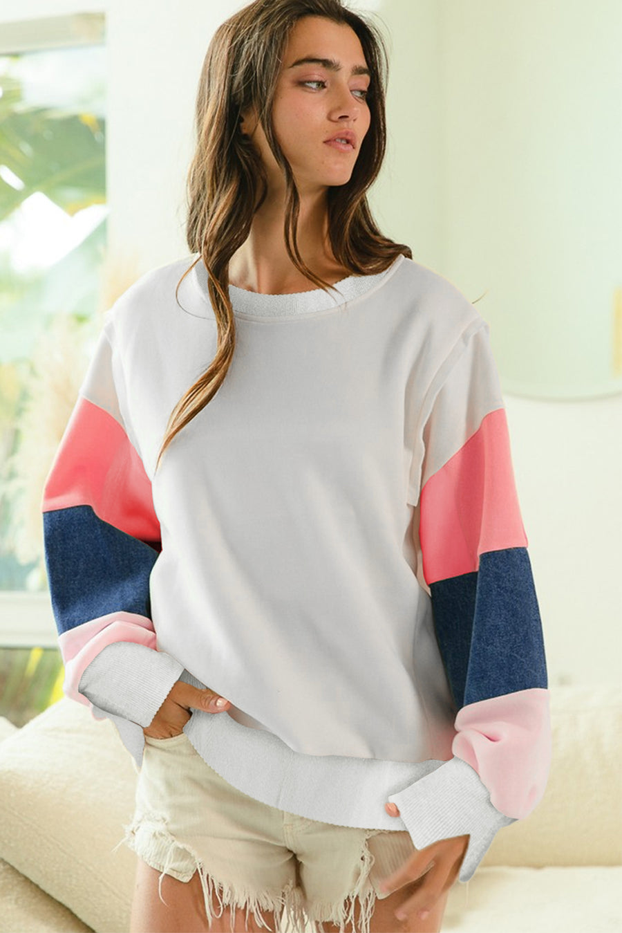 Bella Love Boutique California LLC Tops/Long Sleeve Tops White French Terry Color Block Long Sleeve Top