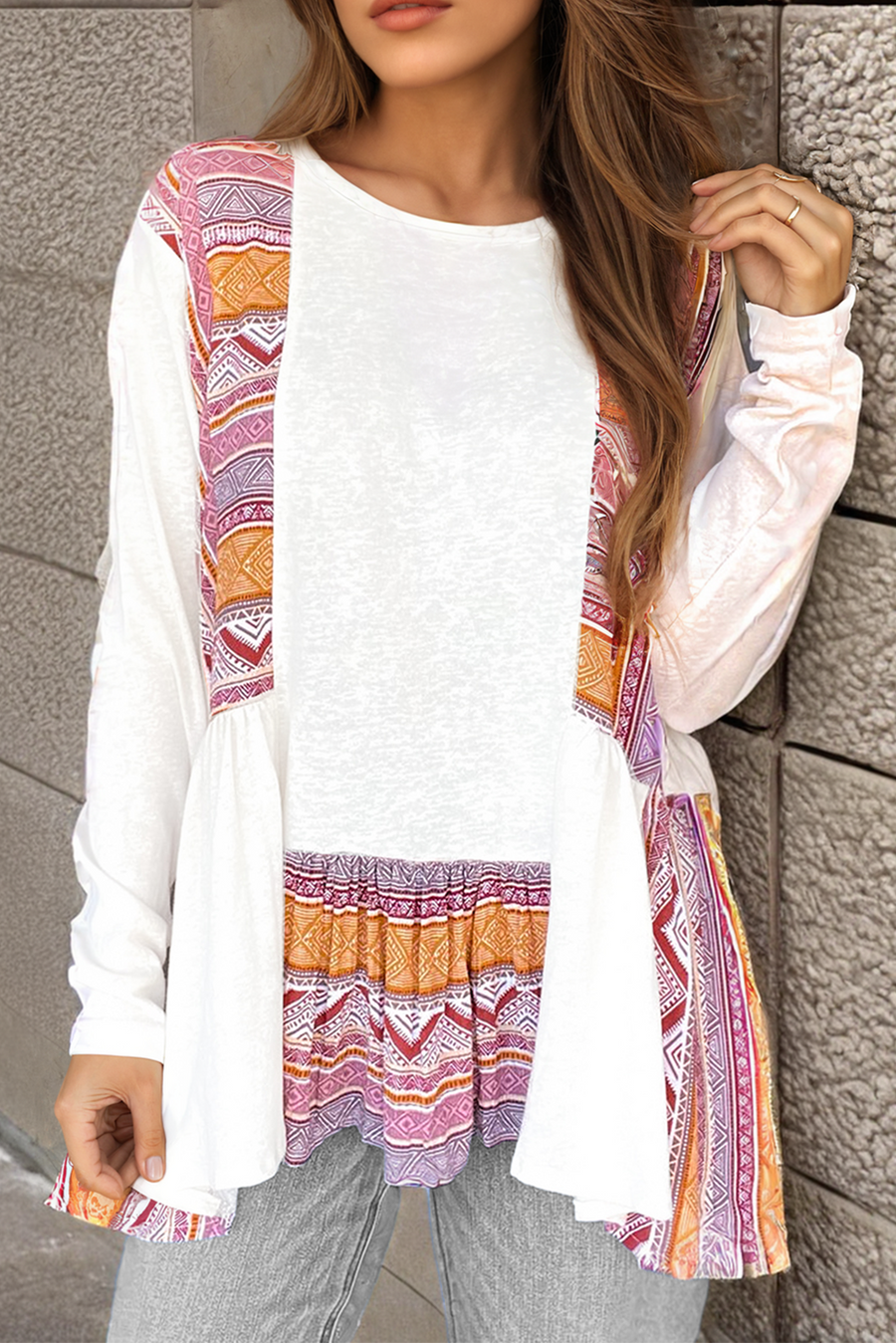 Bella Love Boutique California LLC Tops/Long Sleeve Tops White / S / 65%Cotton+35%Polyester White Western Aztec Print Patchwork Ruffled Tunic Long Sleeve Babydoll Top