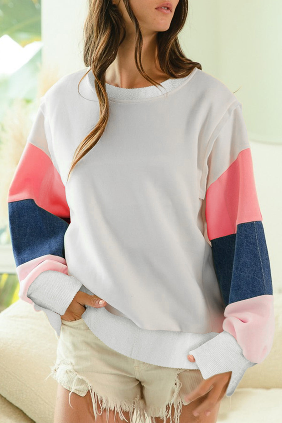 Bella Love Boutique California LLC Tops/Long Sleeve Tops White / S / 65%Polyester+35%Cotton White French Terry Color Block Long Sleeve Top