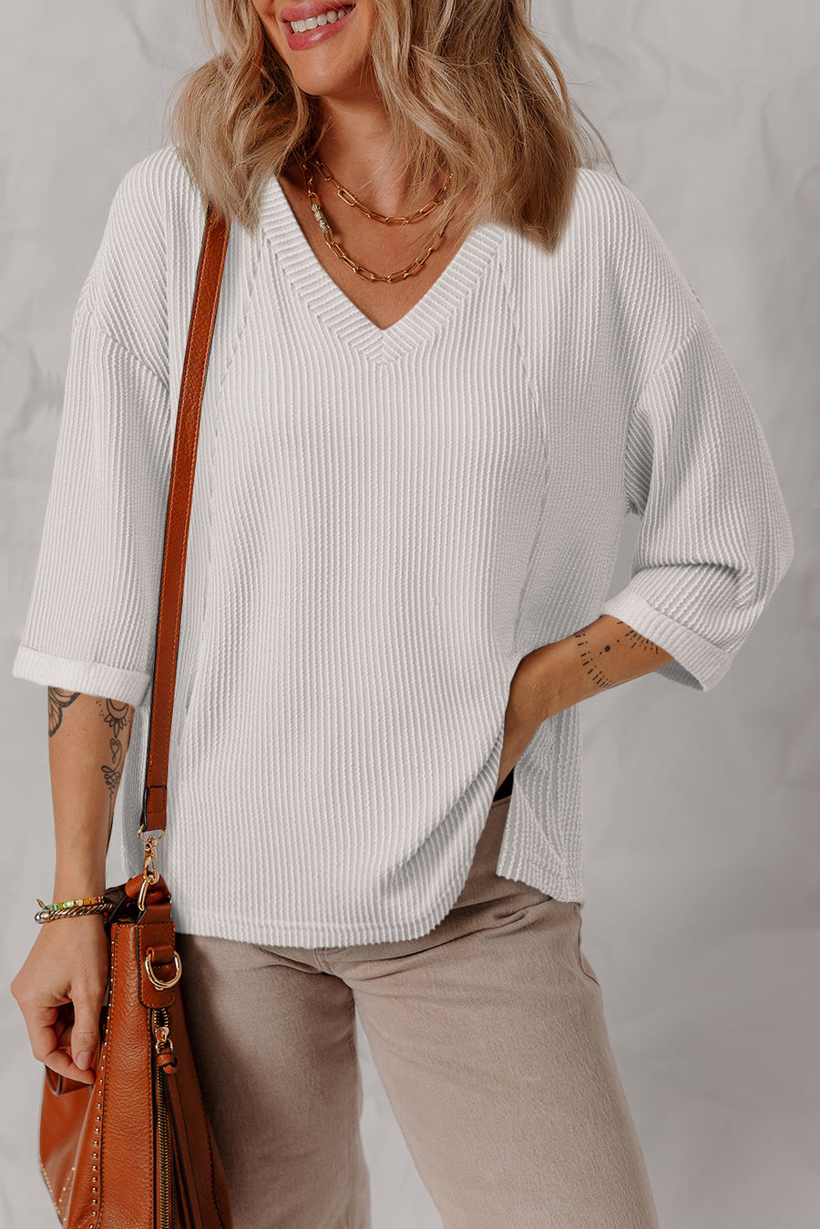 Bella Love Boutique California LLC Tops/Long Sleeve Tops White / S / 75%Polyester+20%Viscose+5%Elastane White Solid Color Corded Drop Shoulder 3/4 Sleeve V Neck Top