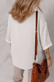Bella Love Boutique California LLC Tops/Long Sleeve Tops White Solid Color Corded Drop Shoulder 3/4 Sleeve V Neck Top
