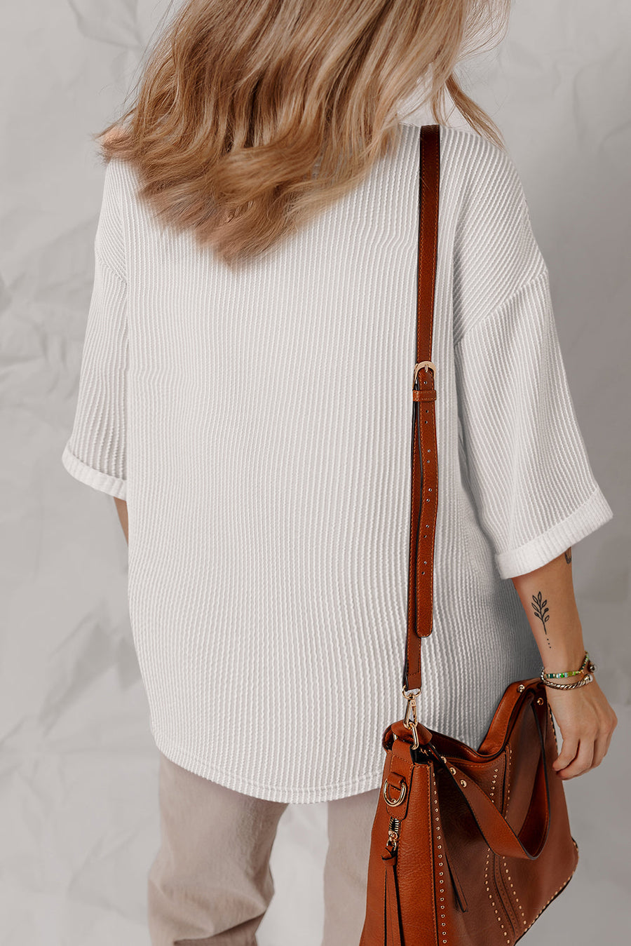 Bella Love Boutique California LLC Tops/Long Sleeve Tops White Solid Color Corded Drop Shoulder 3/4 Sleeve V Neck Top