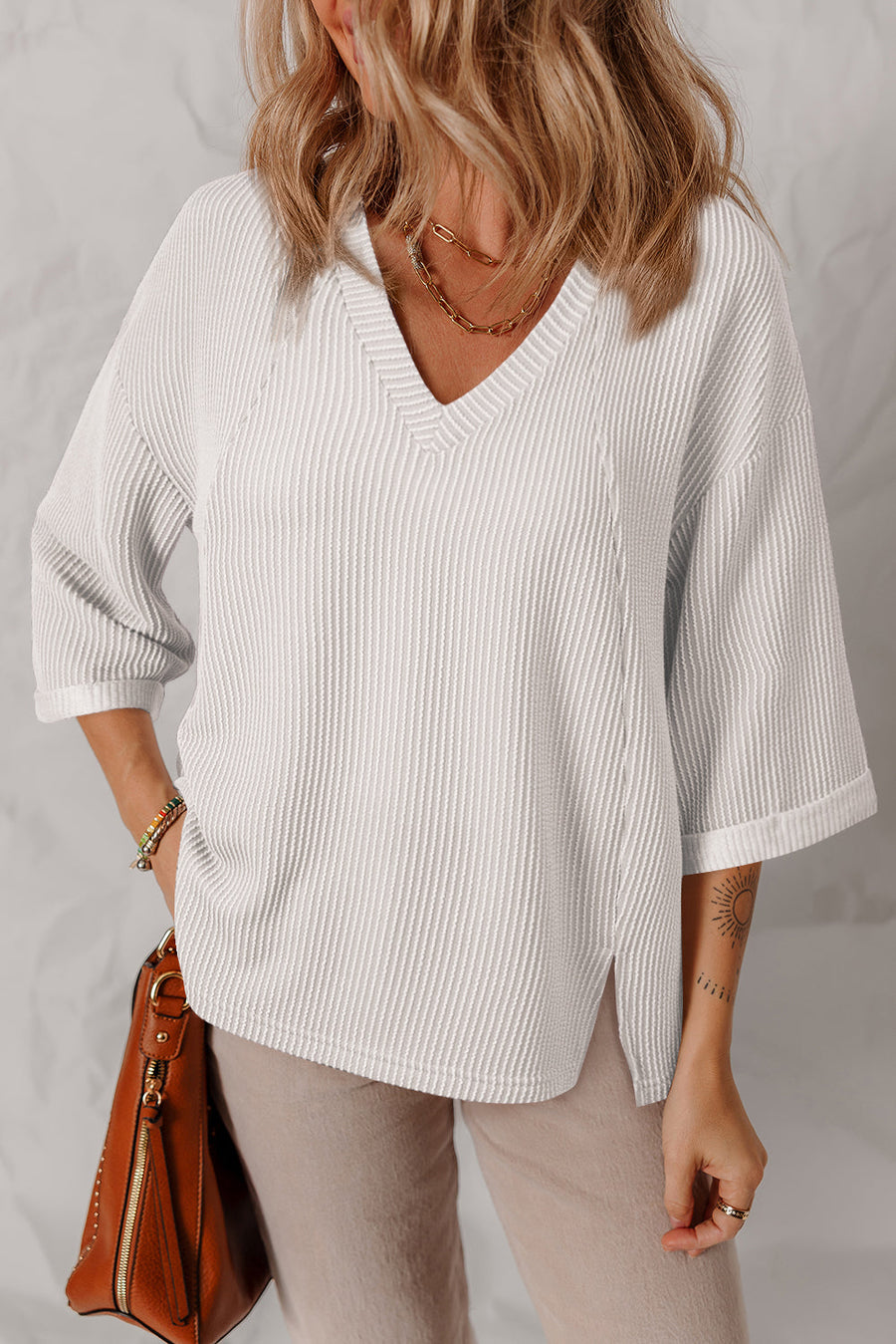 Bella Love Boutique California LLC Tops/Long Sleeve Tops White Solid Color Corded Drop Shoulder 3/4 Sleeve V Neck Top