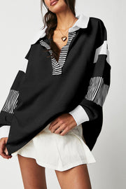 Bella Love Boutique California LLC Tops/Sweatshirts & Hoodies Black / S / 50%Polyester+50%Cotton Black Striped Colorblock Patchwork Collar Sweatshirt