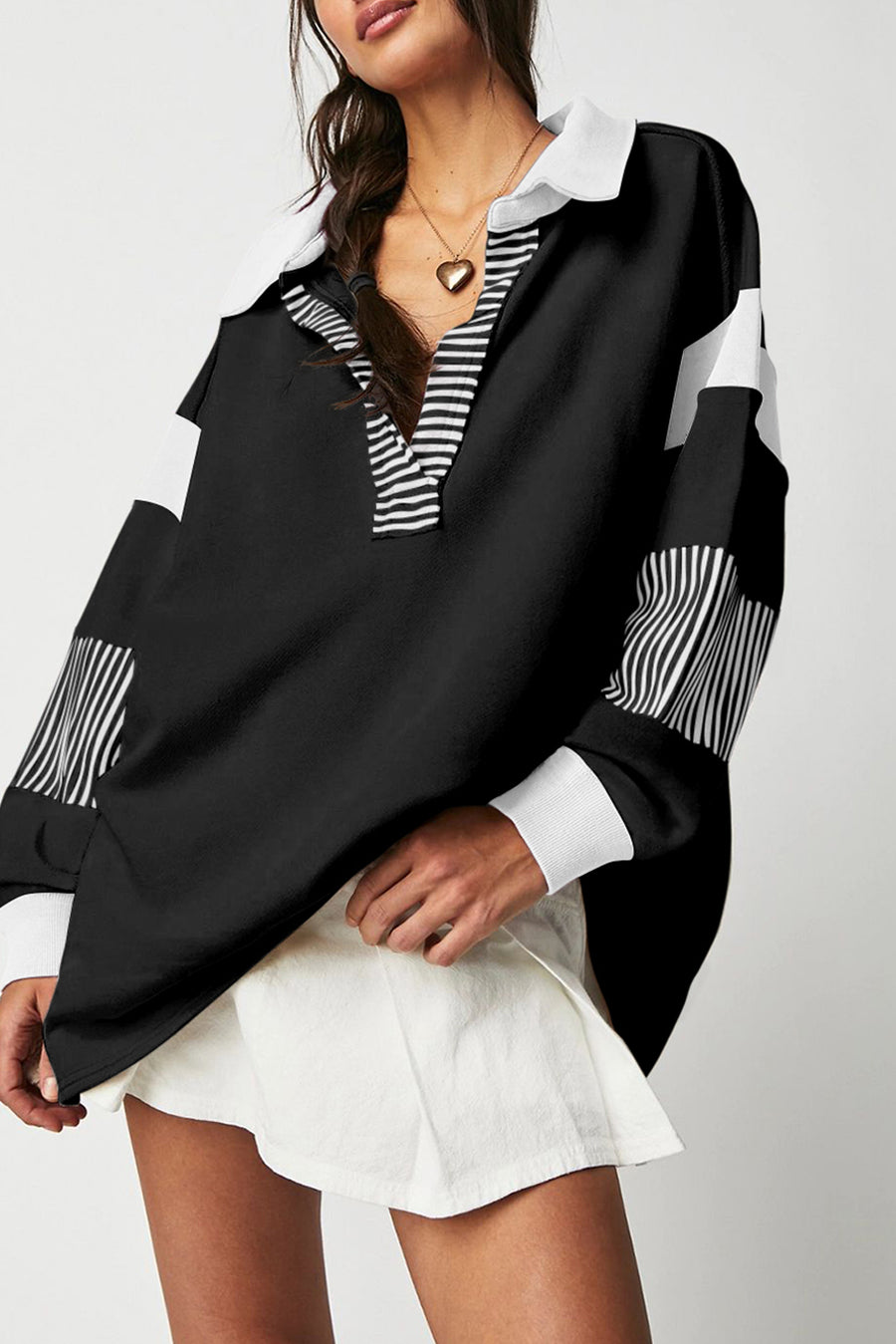 Bella Love Boutique California LLC Tops/Sweatshirts & Hoodies Black / S / 50%Polyester+50%Cotton Black Striped Colorblock Patchwork Collar Sweatshirt