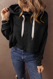 Bella Love Boutique California LLC Tops/Sweatshirts & Hoodies Black / S / 65%Polyester+35%Cotton Black Solid Drop Shoulder Drawstring Cropped Hoodie