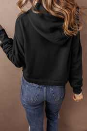 Bella Love Boutique California LLC Tops/Sweatshirts & Hoodies Black Solid Drop Shoulder Drawstring Cropped Hoodie