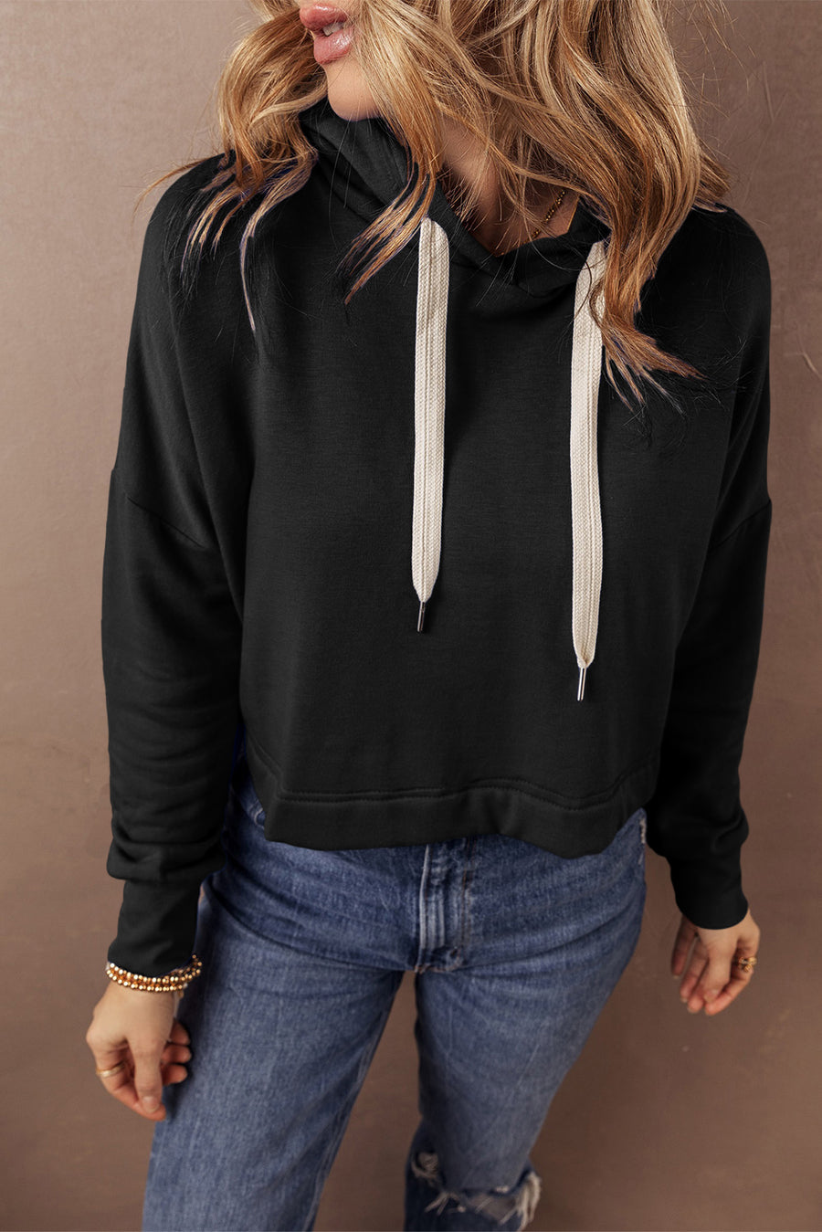 Bella Love Boutique California LLC Tops/Sweatshirts & Hoodies Black Solid Drop Shoulder Drawstring Cropped Hoodie