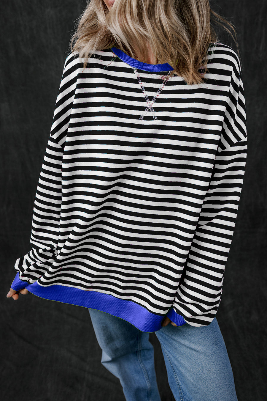 Bella Love Boutique California LLC Tops/Sweatshirts & Hoodies Black Stripe / S / 95%Cotton+5%Elastane Blue Stripe Oversized Contrast Trim Pullover Sweatshirt