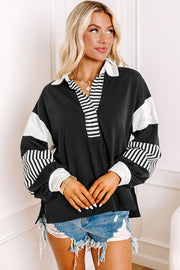 Bella Love Boutique California LLC Tops/Sweatshirts & Hoodies Black Striped Colorblock Patchwork Collar Sweatshirt