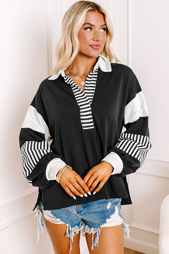 Bella Love Boutique California LLC Tops/Sweatshirts & Hoodies Black Striped Colorblock Patchwork Collar Sweatshirt