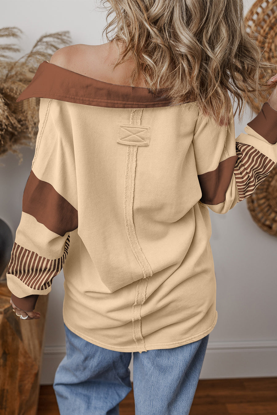 Bella Love Boutique California LLC Tops/Sweatshirts & Hoodies Black Striped Colorblock Patchwork Collar Sweatshirt