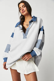 Bella Love Boutique California LLC Tops/Sweatshirts & Hoodies Black Striped Colorblock Patchwork Collar Sweatshirt