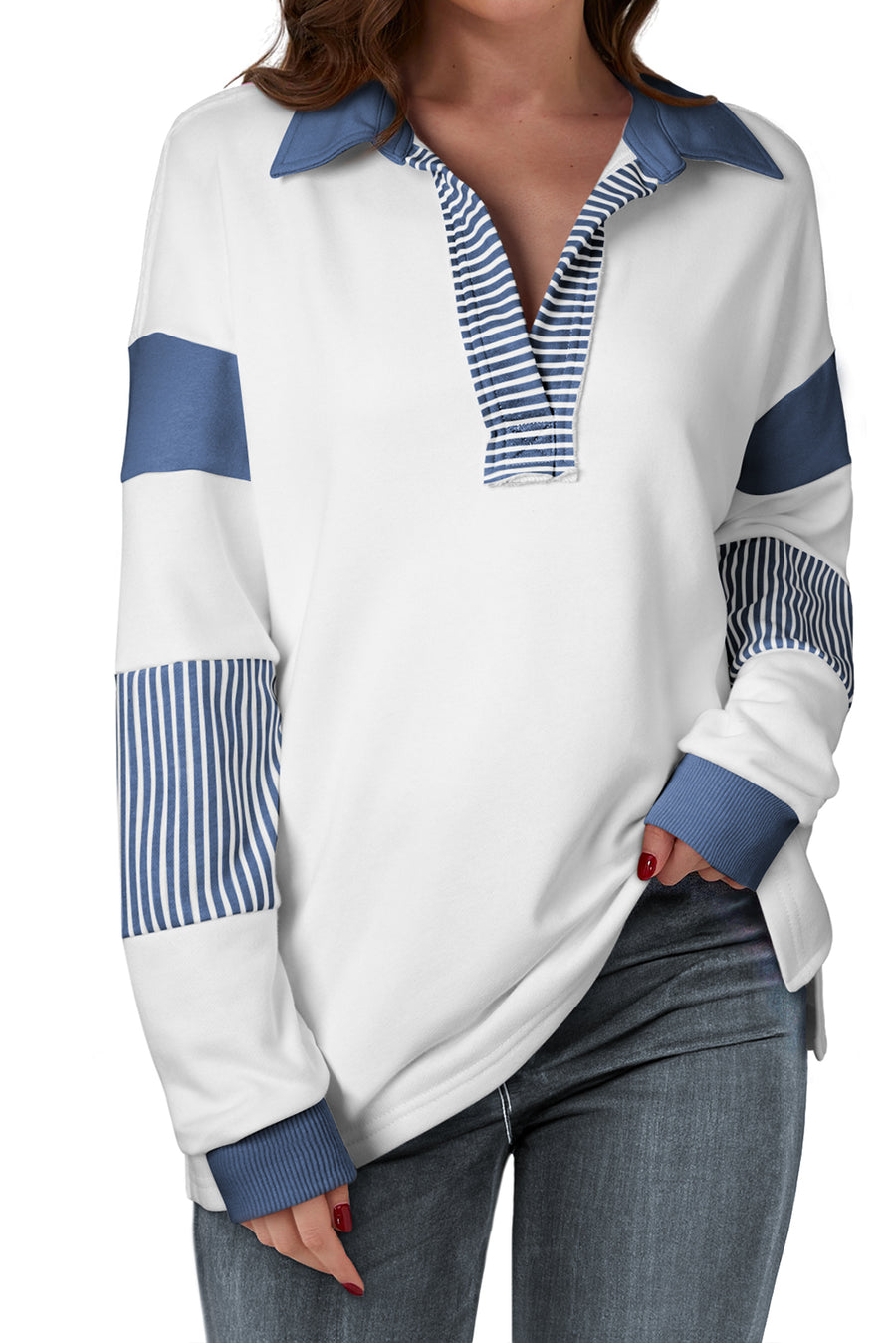 Bella Love Boutique California LLC Tops/Sweatshirts & Hoodies Black Striped Colorblock Patchwork Collar Sweatshirt
