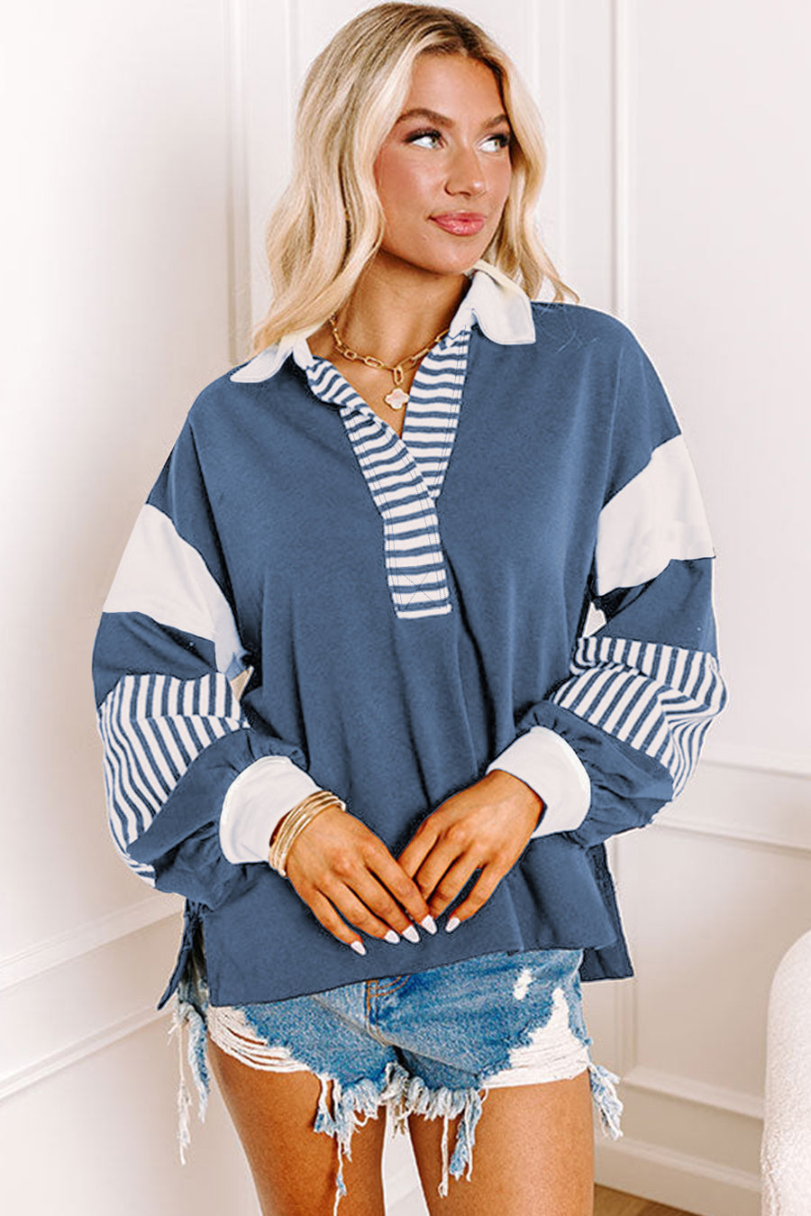 Bella Love Boutique California LLC Tops/Sweatshirts & Hoodies Black Striped Colorblock Patchwork Collar Sweatshirt