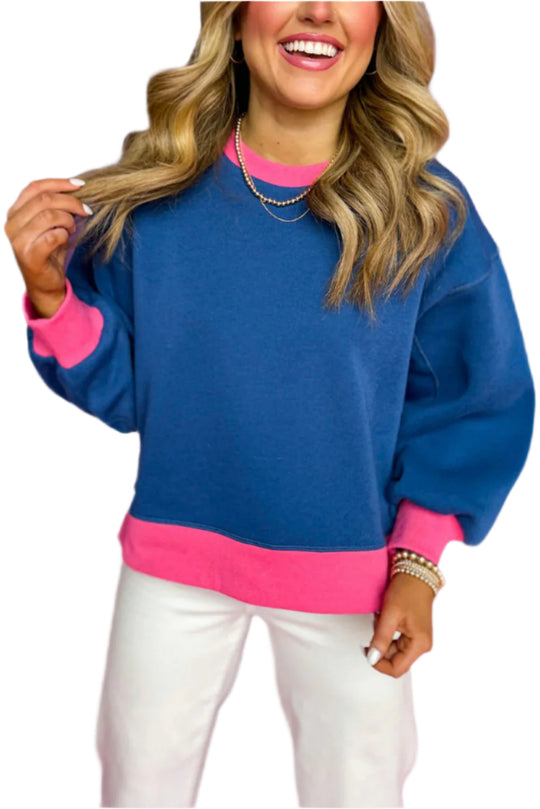 Bella Love Boutique California LLC Tops/Sweatshirts & Hoodies Blue / S / 50%Polyester+50%Cotton Blue Colorblock Bubble Sleeve Sweatshirt