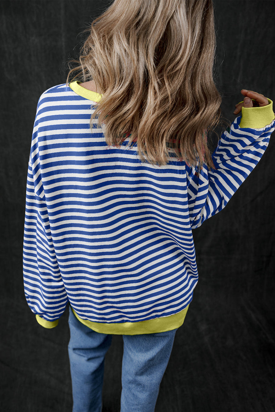 Bella Love Boutique California LLC Tops/Sweatshirts & Hoodies Blue Stripe Oversized Contrast Trim Pullover Sweatshirt