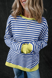 Bella Love Boutique California LLC Tops/Sweatshirts & Hoodies Blue Stripe Oversized Contrast Trim Pullover Sweatshirt