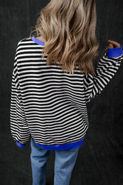 Blue Stripe Oversized Contrast Trim Pullover Sweatshirt