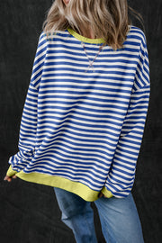 Bella Love Boutique California LLC Tops/Sweatshirts & Hoodies Blue Stripe / S / 95%Cotton+5%Elastane Blue Stripe Oversized Contrast Trim Pullover Sweatshirt