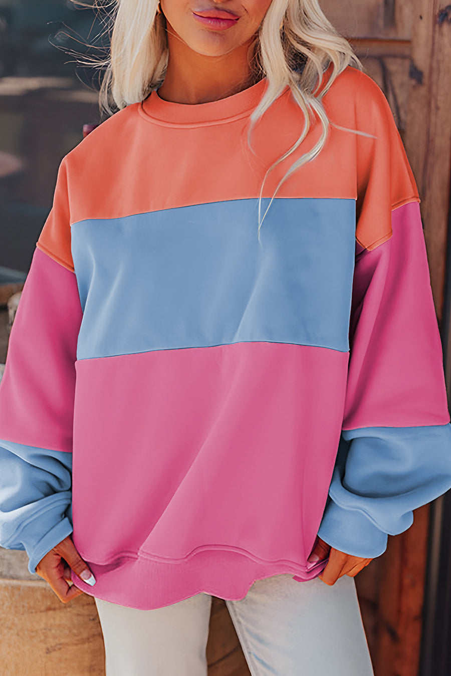 Bella Love Boutique California LLC Tops/Sweatshirts & Hoodies Bright Pink / S / 70%Polyester+30%Cotton Blossom Colorblock Patchwork Drop Shoulder Sweatshirt