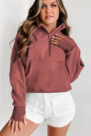 Bella Love Boutique California LLC Tops/Sweatshirts & Hoodies Brown Fleece Lined Zip Up Stand Collar Thumbhole Sleeve Sweatshirt