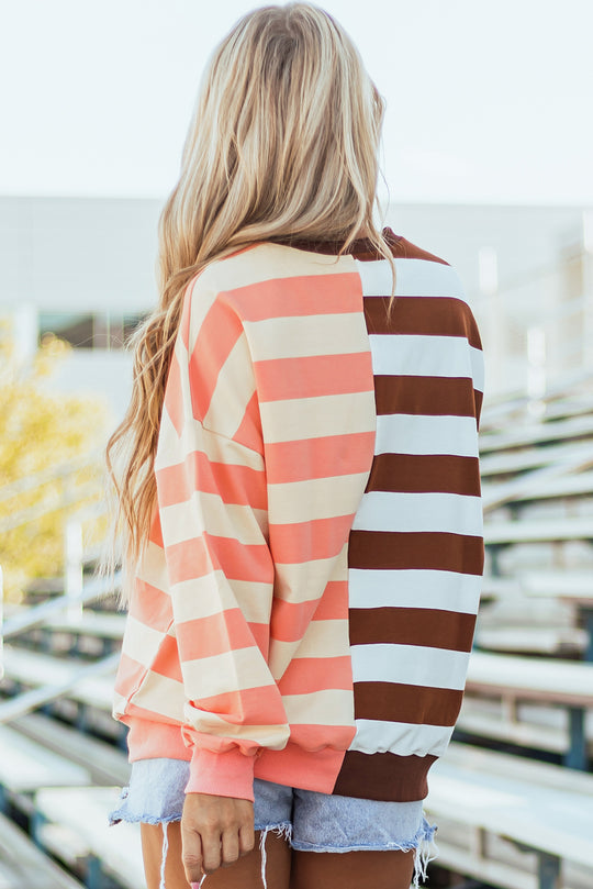 Bella Love Boutique California LLC Tops/Sweatshirts & Hoodies Brown Stripe Color Block Drop Shoulder Pullover Sweatshirt
