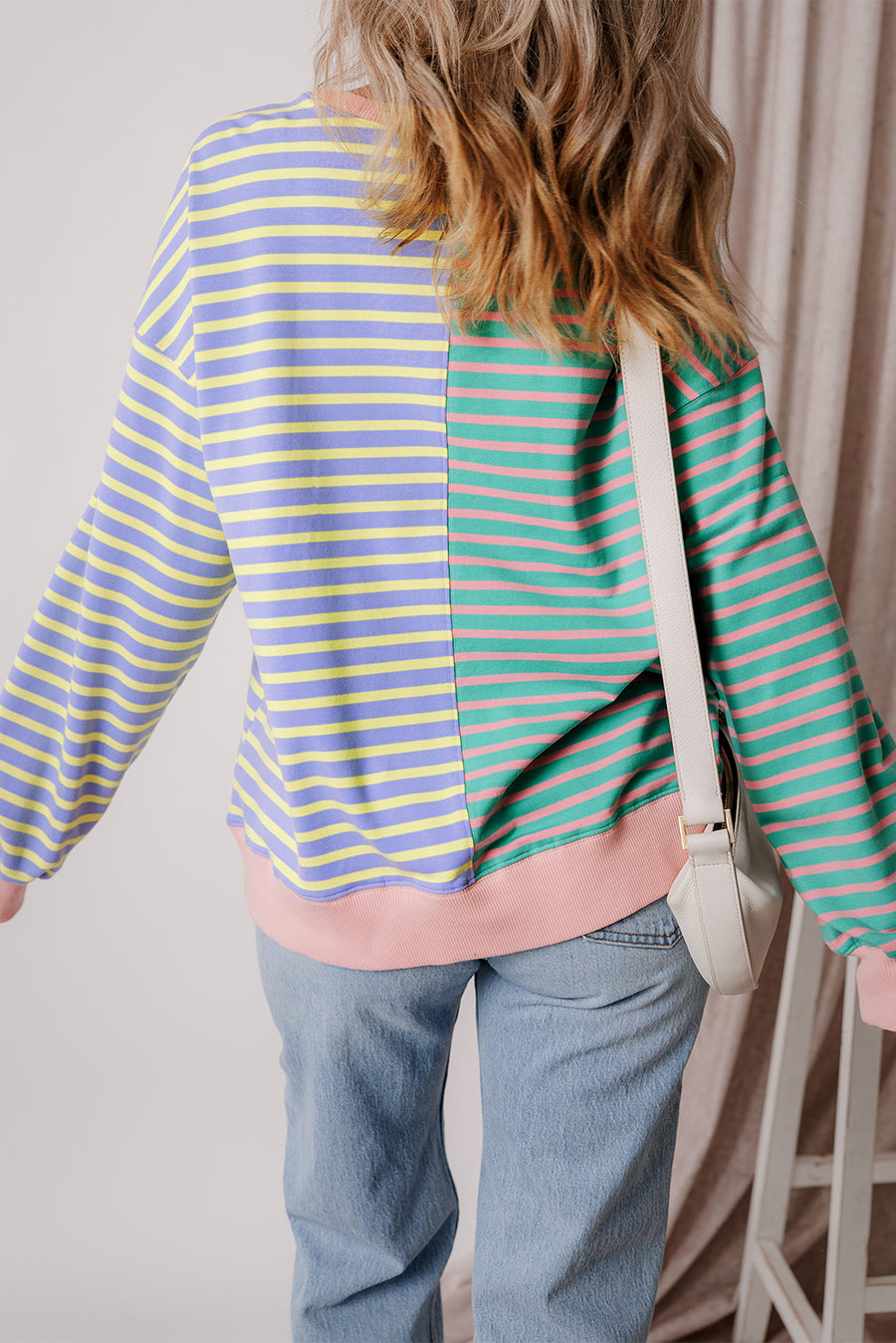 Bella Love Boutique California LLC Tops/Sweatshirts & Hoodies Casual Stripe Colorblock Drop Shoulder Oversize Sweatshirt