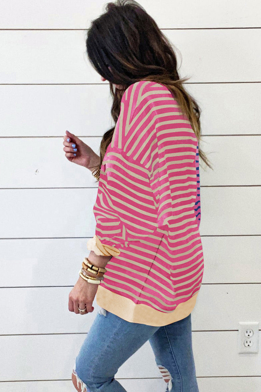Bella Love Boutique California LLC Tops/Sweatshirts & Hoodies Casual Stripe Colorblock Drop Shoulder Oversize Sweatshirt