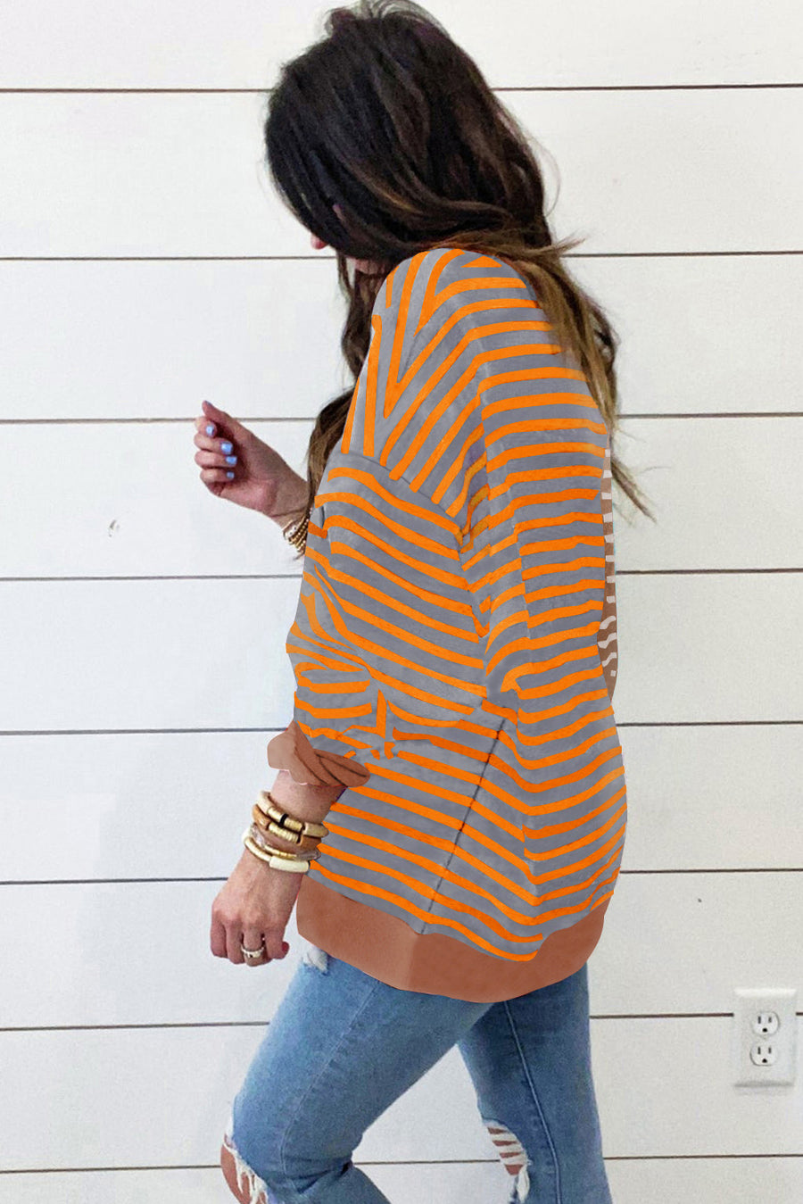 Bella Love Boutique California LLC Tops/Sweatshirts & Hoodies Casual Stripe Colorblock Drop Shoulder Oversize Sweatshirt