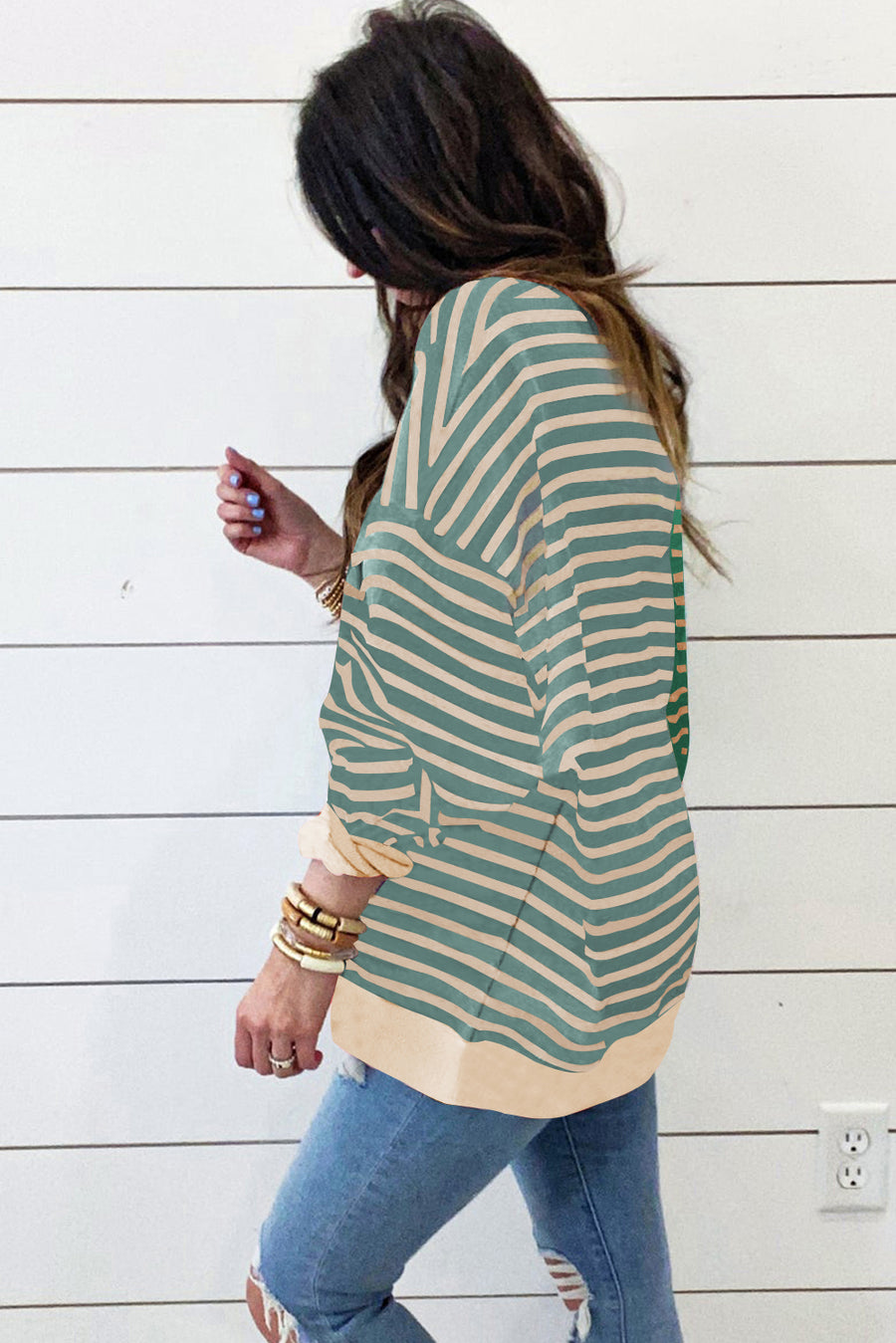 Bella Love Boutique California LLC Tops/Sweatshirts & Hoodies Casual Stripe Colorblock Drop Shoulder Oversize Sweatshirt