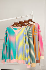 Bella Love Boutique California LLC Tops/Sweatshirts & Hoodies Casual Stripe Colorblock Drop Shoulder Oversize Sweatshirt