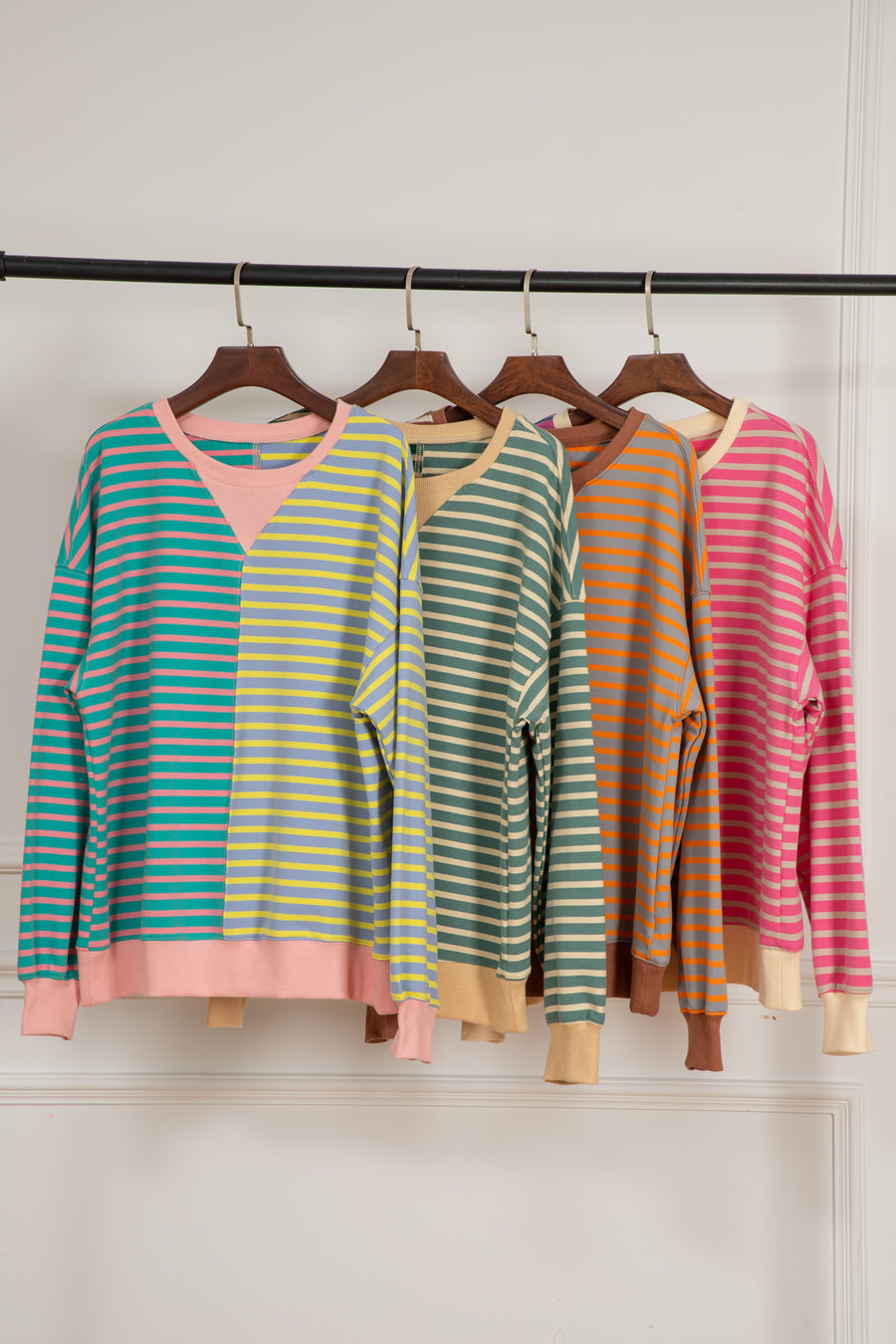 Bella Love Boutique California LLC Tops/Sweatshirts & Hoodies Casual Stripe Colorblock Drop Shoulder Oversize Sweatshirt