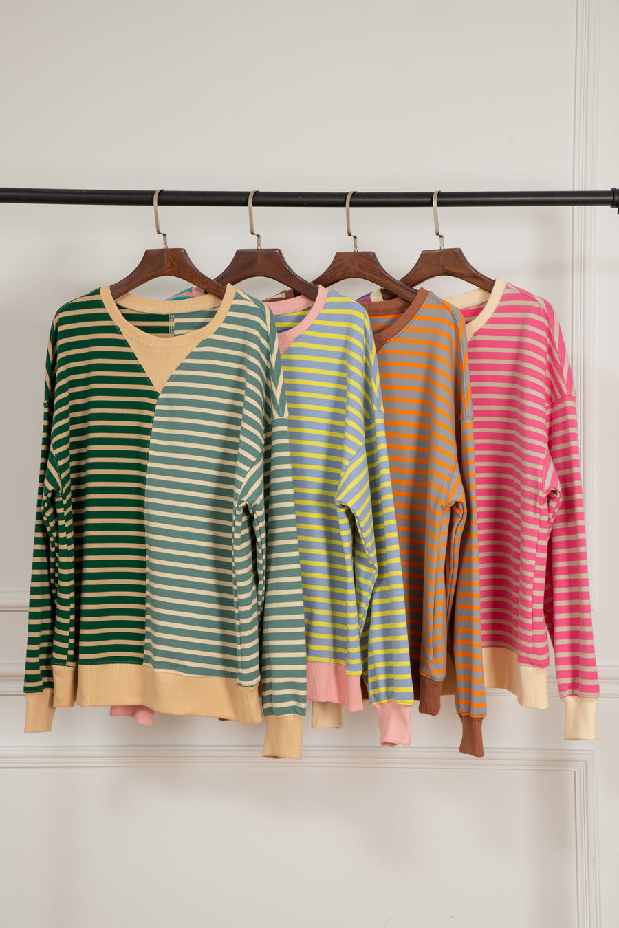 Bella Love Boutique California LLC Tops/Sweatshirts & Hoodies Casual Stripe Colorblock Drop Shoulder Oversize Sweatshirt
