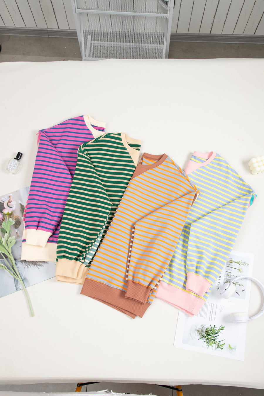 Bella Love Boutique California LLC Tops/Sweatshirts & Hoodies Casual Stripe Colorblock Drop Shoulder Oversize Sweatshirt