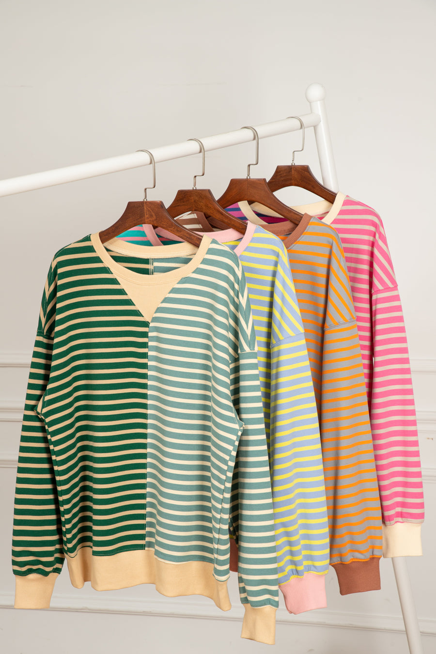 Bella Love Boutique California LLC Tops/Sweatshirts & Hoodies Casual Stripe Colorblock Drop Shoulder Oversize Sweatshirt