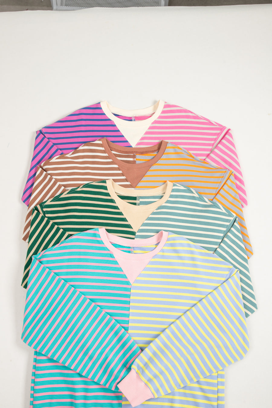 Bella Love Boutique California LLC Tops/Sweatshirts & Hoodies Casual Stripe Colorblock Drop Shoulder Oversize Sweatshirt