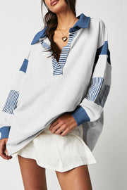 Bella Love Boutique California LLC Tops/Sweatshirts & Hoodies Dark Blue / S / 50%Polyester+50%Cotton Black Striped Colorblock Patchwork Collar Sweatshirt