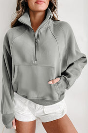 Bella Love Boutique California LLC Tops/Sweatshirts & Hoodies Gray Fleece Lined Zip Up Stand Collar Thumbhole Sleeve Sweatshirt