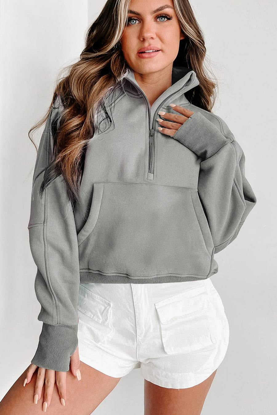 Bella Love Boutique California LLC Tops/Sweatshirts & Hoodies Gray Fleece Lined Zip Up Stand Collar Thumbhole Sleeve Sweatshirt